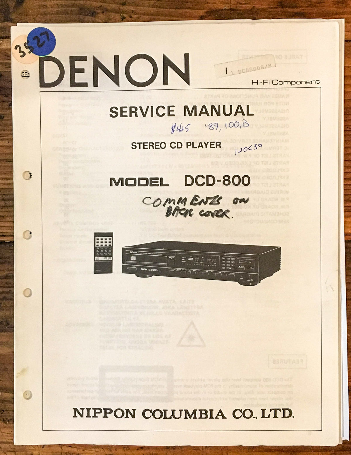 Denon DCD-800 CD Player  Service Manual *Original*