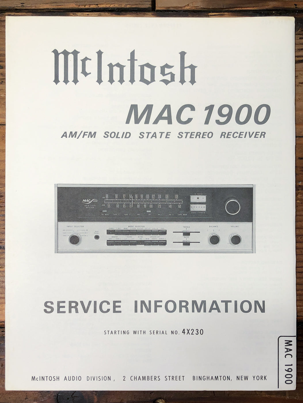 McIntosh MAC 1900 Receiver Starts 4X230 Service Manual *Original*