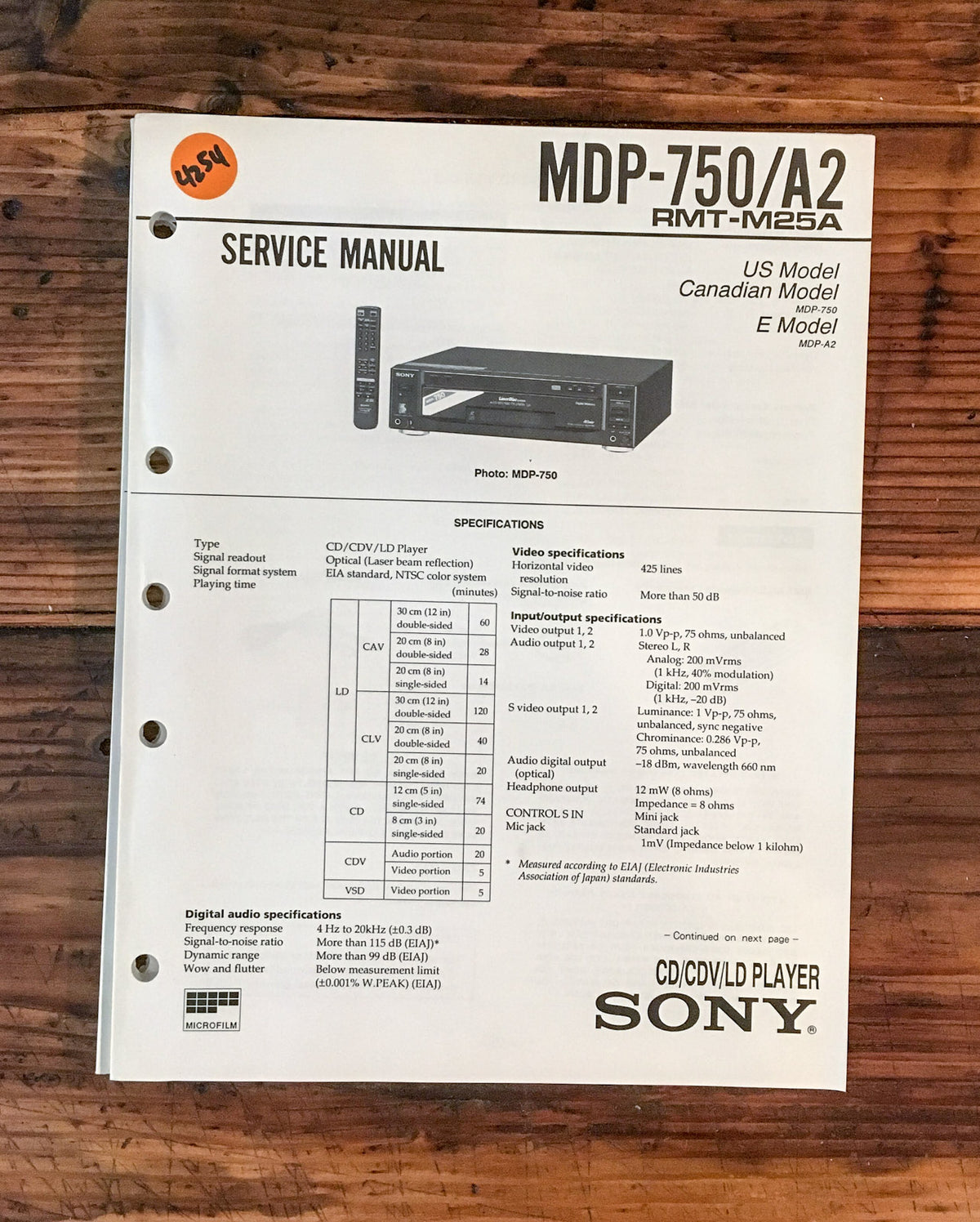 Sony MDP-750 MDP-A2 CD CDV LD Player  Service Manual *Original*