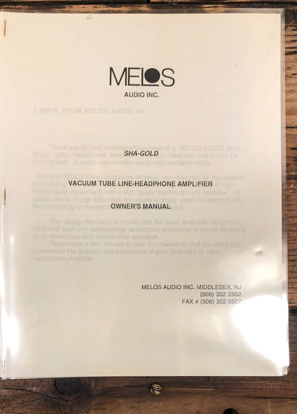 Melos Audio Inc. SHA Gold Tube Amplifier  Owner / User Manual *Original*