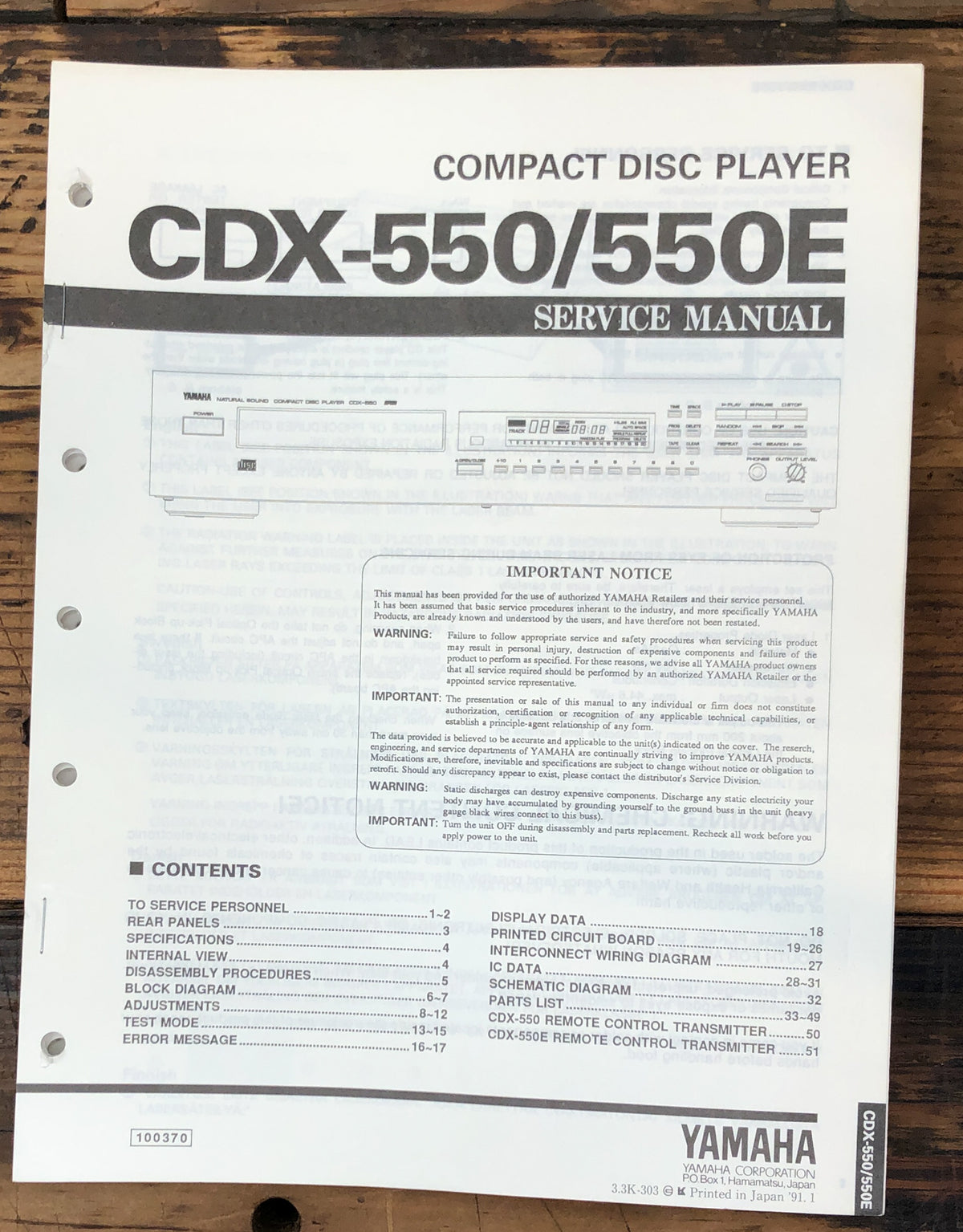 Yamaha CDX-550 CDX-550E CD Player Service Manual *Original*