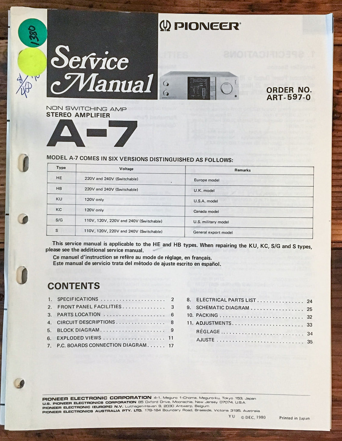 Pioneer A-7 Amplfier  Service Manual *Original*