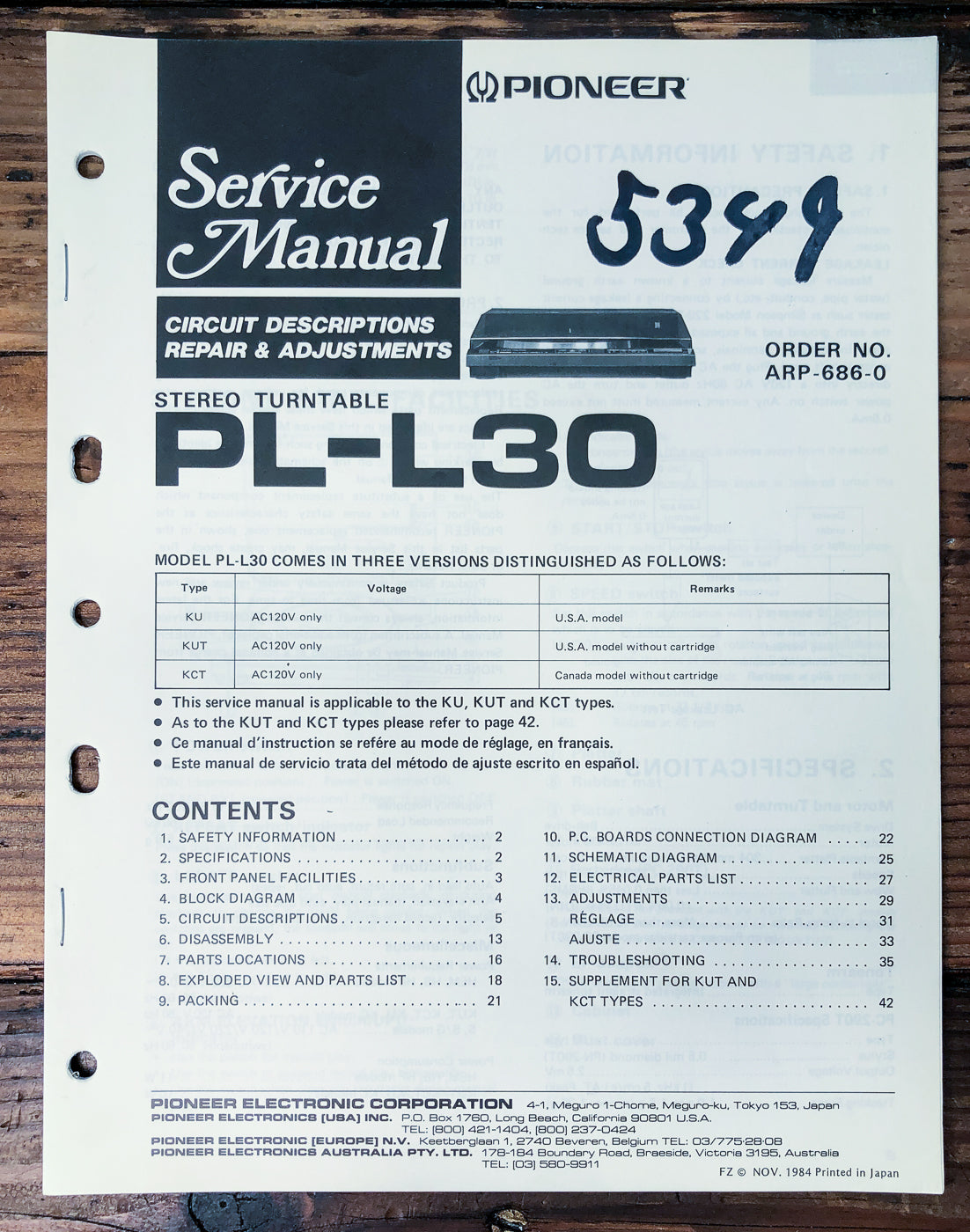 Pioneer PL-L30 Turntable Service Manual *Original*
