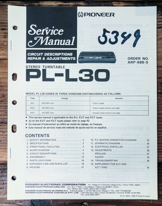 Pioneer PL-L30 Turntable Service Manual *Original*
