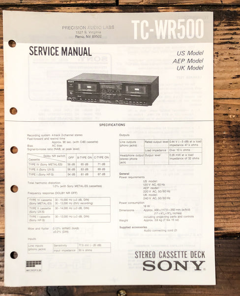 Sony TC-WR500 Cassette Service Manual *Original*