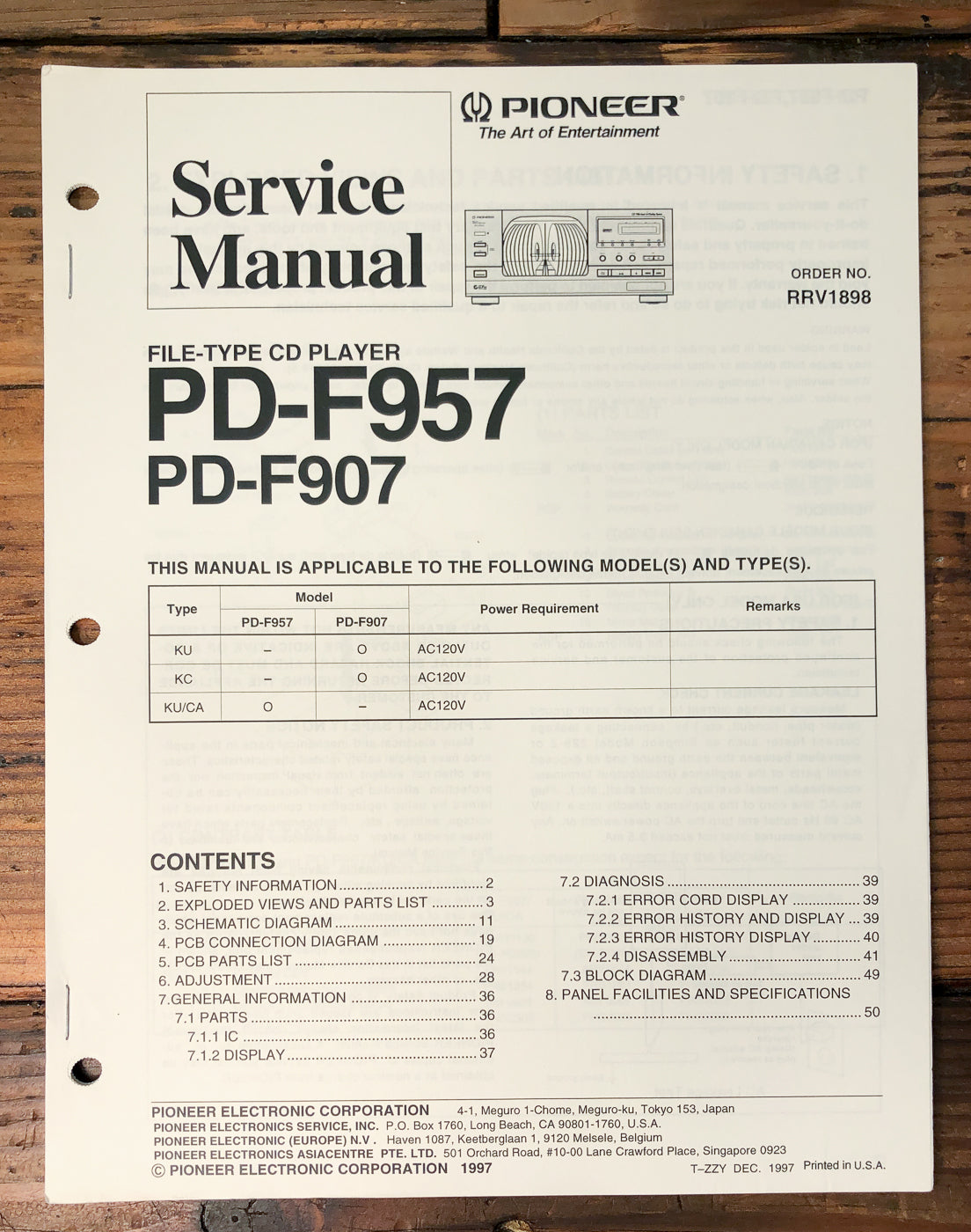 Pioneer PD-F957 PD-F907 File-Type CD Player Service Manual *Original*