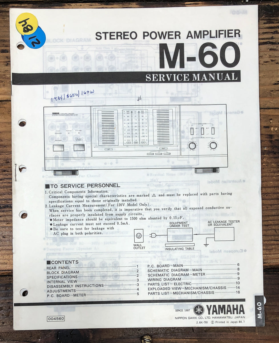 Yamaha M-60 Amplifier Service Manual *Original*