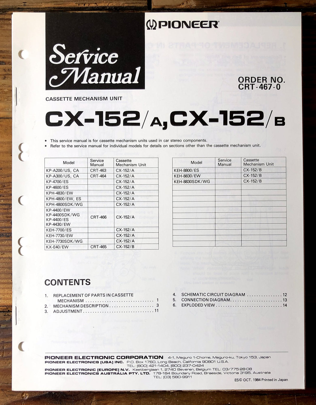 Pioneer CX-152 Cassette Mechanism Unit Service Manual *Original*
