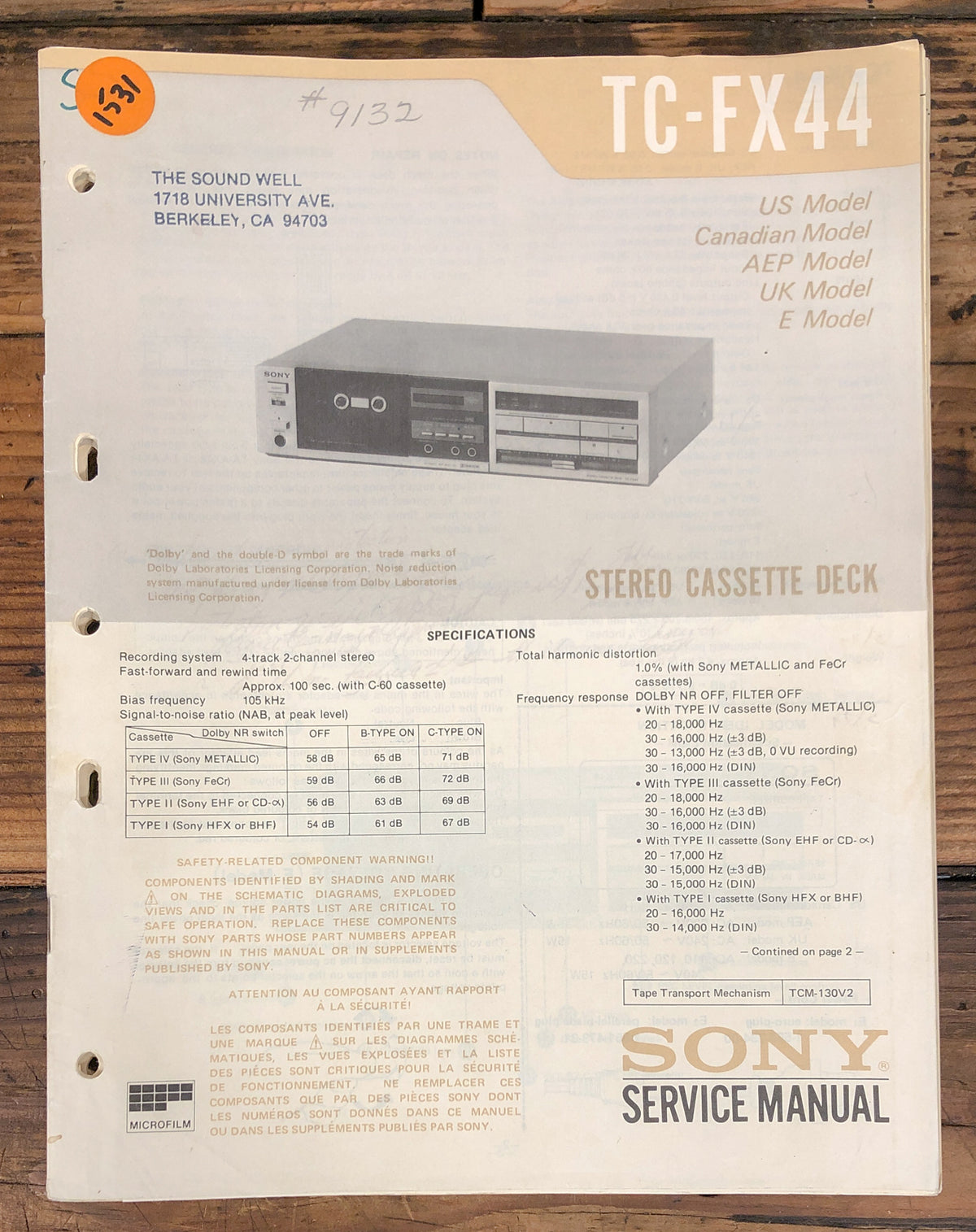 Sony TC-FX44 Cassette  Service Manual *Original*