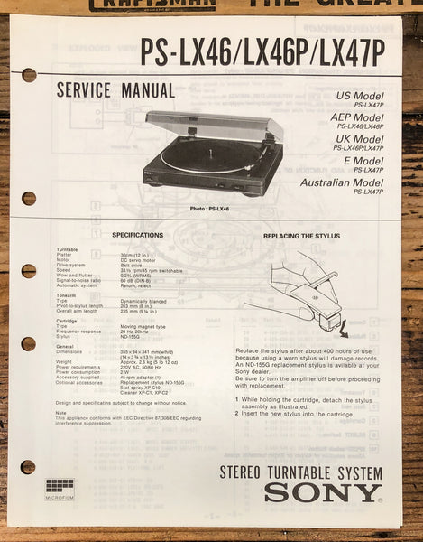 Sony PS-LX46 -LX46P -LX47P Record Player / Turntable  Service Manual *Original*