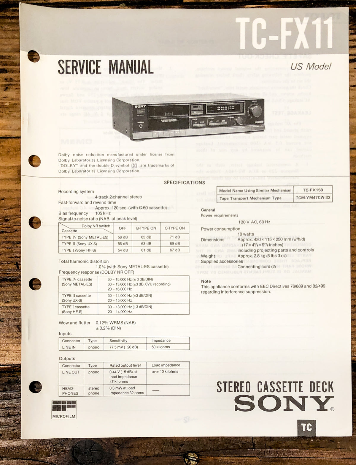 Sony TC-FX11 Cassette Service Manual *Original*