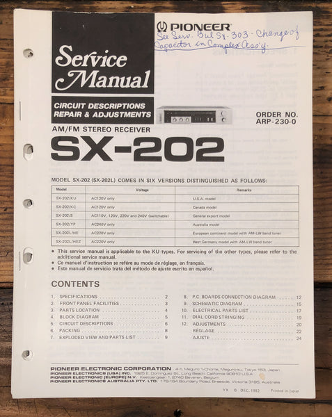 Pioneer SX-202 Receiver  Service Manual *Original*
