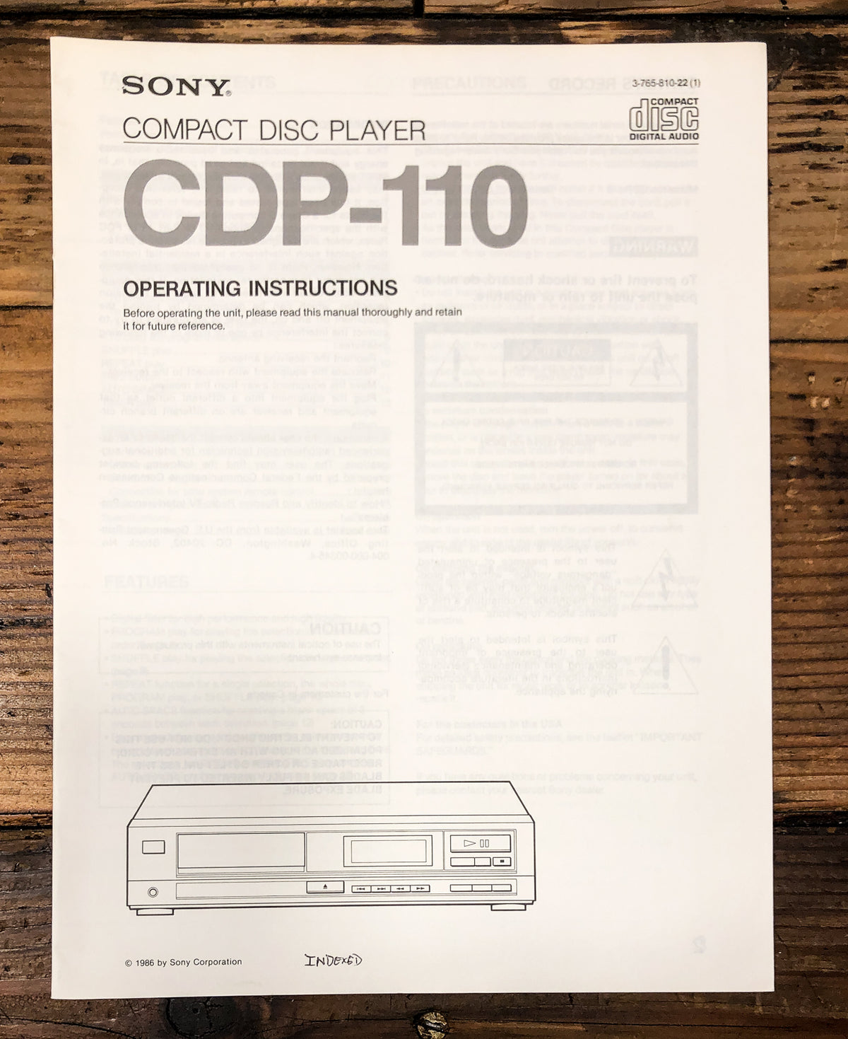 Sony CDP-110 CD Player Owners / User Manual *Original*