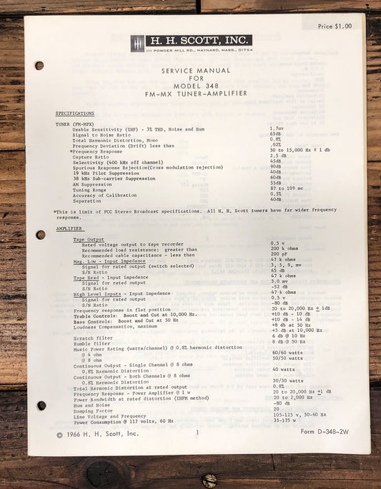 HH Scott Model 348 Receiver Service Manual *Original*