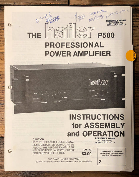 Hafler P-500 P500 Amplifier  Service Manual *Original*