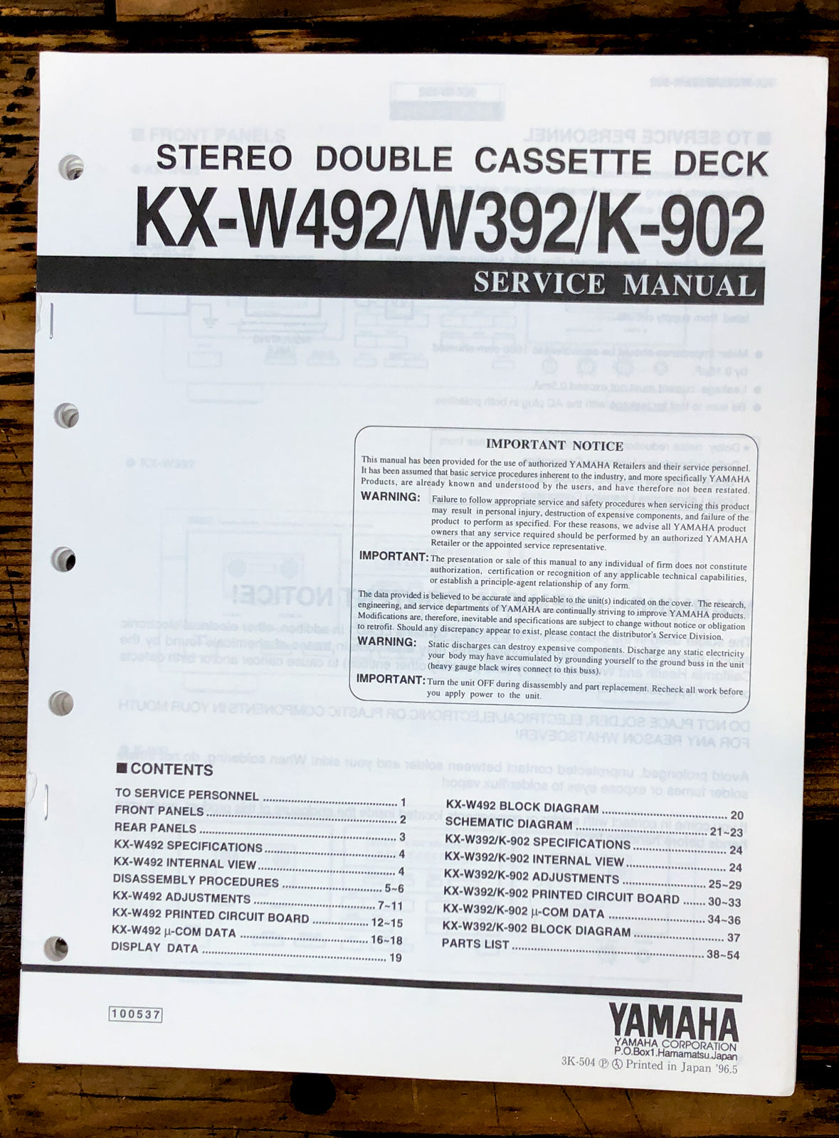 Yamaha KX-W492 KX-W392 K-902 Cassette Service Manual *Original*