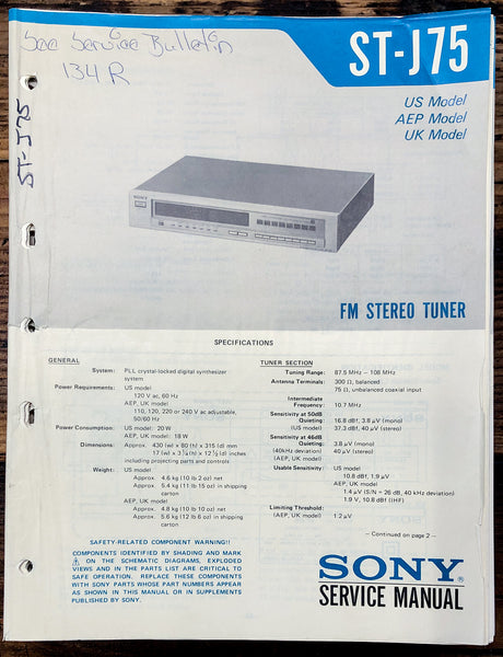 Sony ST-J75 Tuner  Service Manual *Original*