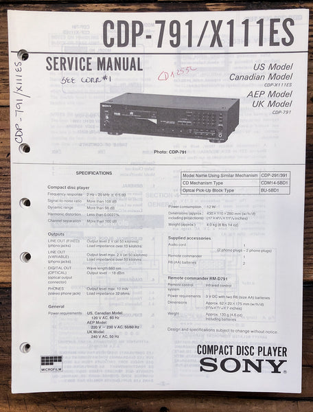 Sony CDP-791 CDP-X111ES CD Player  Service Manual *Original*