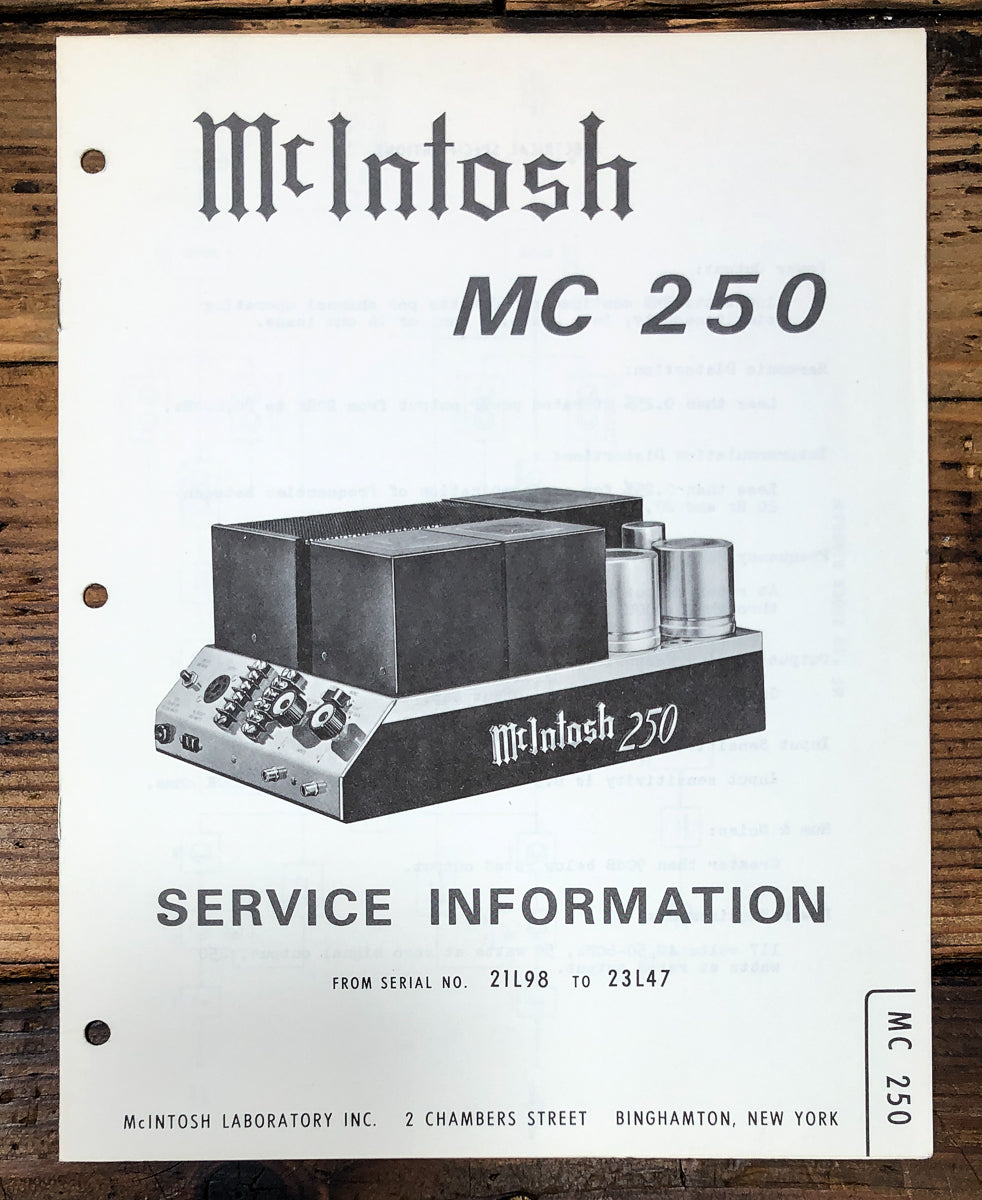 McIntosh MC-250 MC250 Amplifier 21L98 to 23L47 Service Manual *Original*