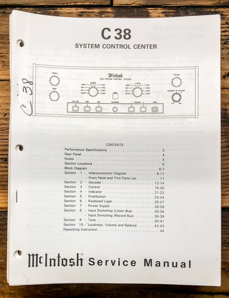 McIntosh C38 C-38 Preamp / Preamplifier  Service Manual *Original*