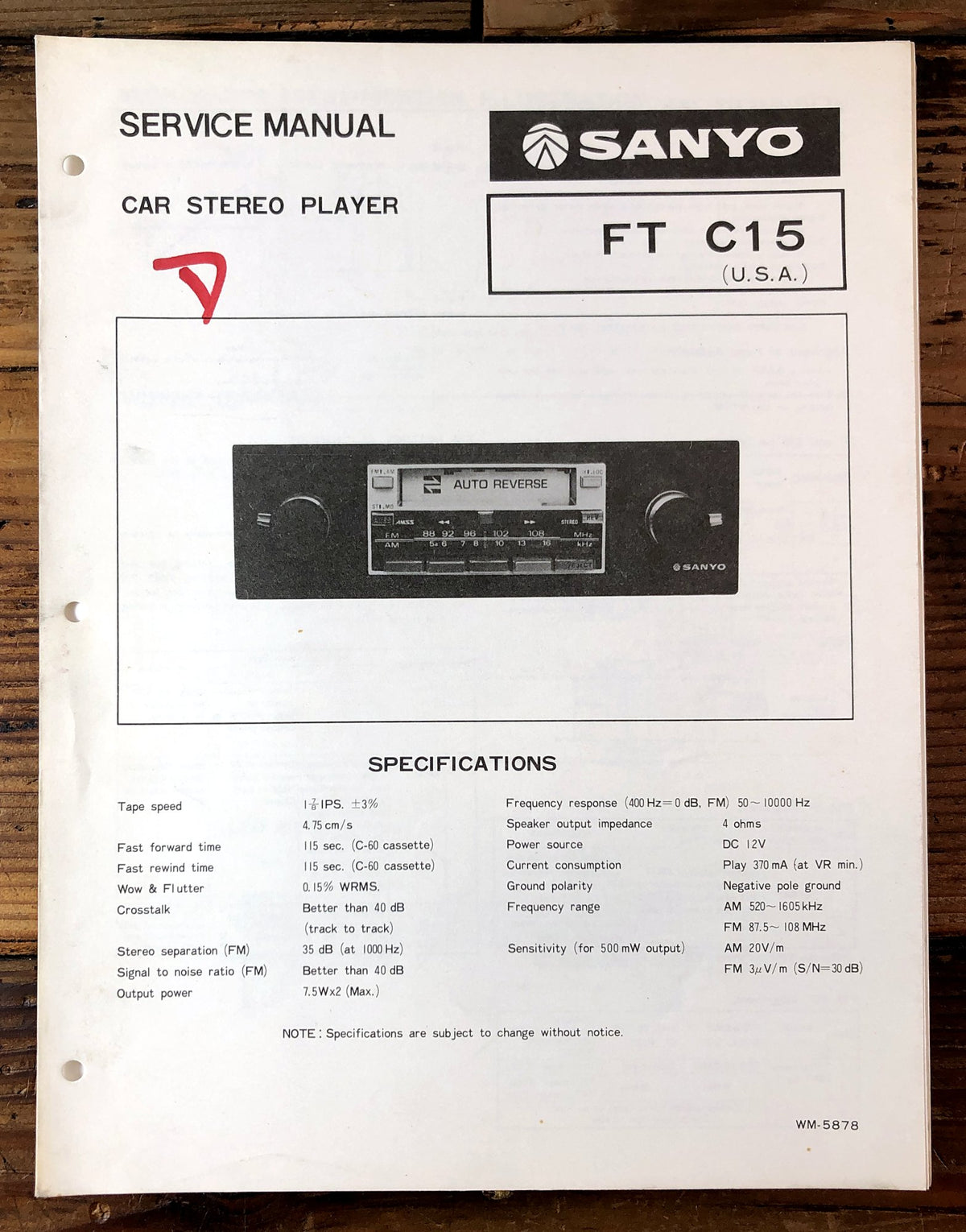 Sanyo FT C15 Car Stereo Player Service Manual *Original*