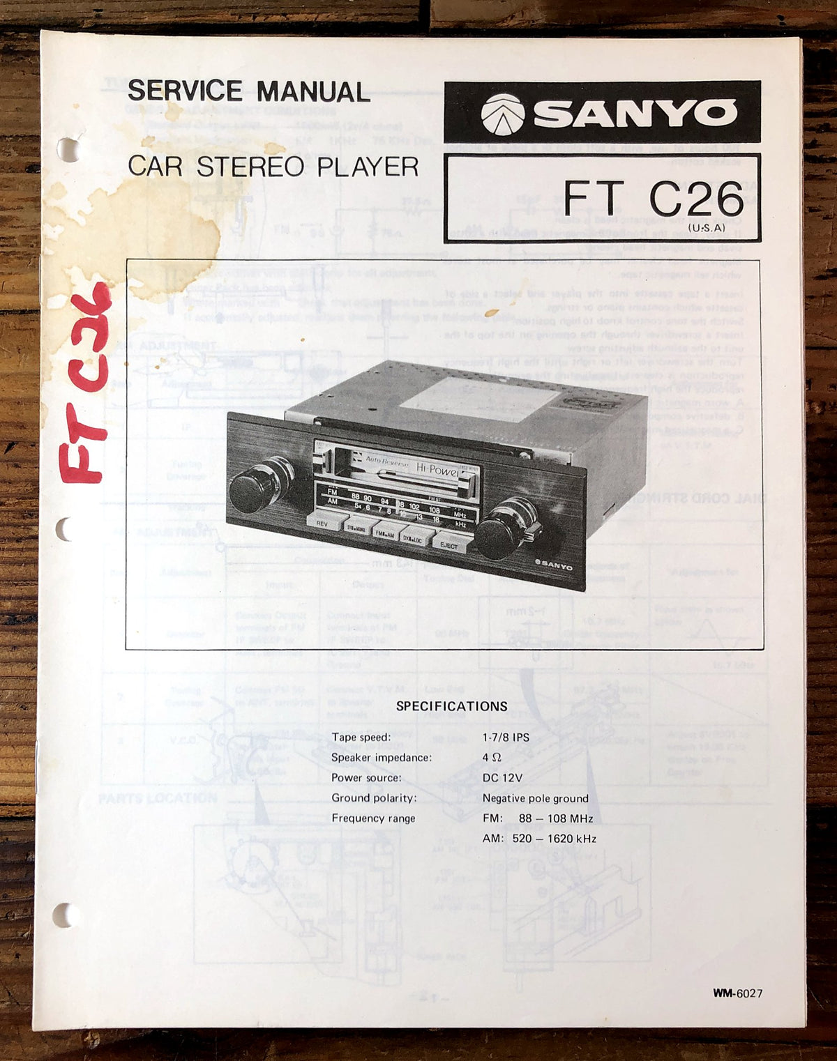 Sanyo FT C26 Car Stereo Player Service Manual *Original*