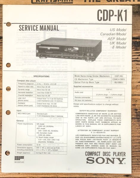 Sony CDP-K1 CD Player  Service Manual *Original*