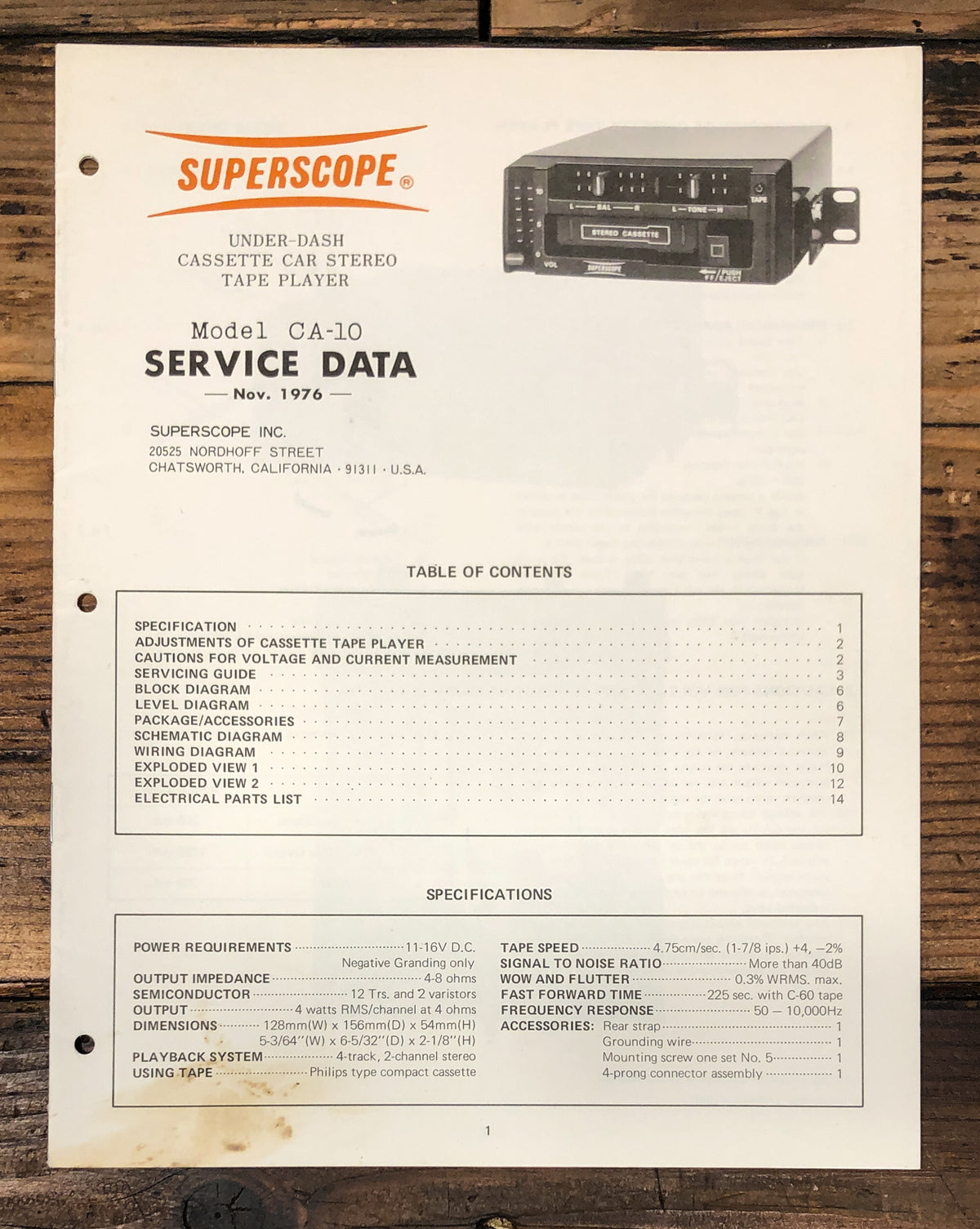 Superscope CA-10 Car Stereo Service Manual *Original*