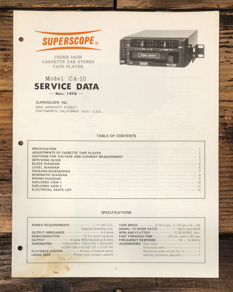 Superscope CA-10 Car Stereo Service Manual *Original*