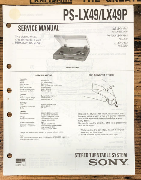 Sony PS-LX49 -LX49P Record Player / Turntable  Service Manual *Original*
