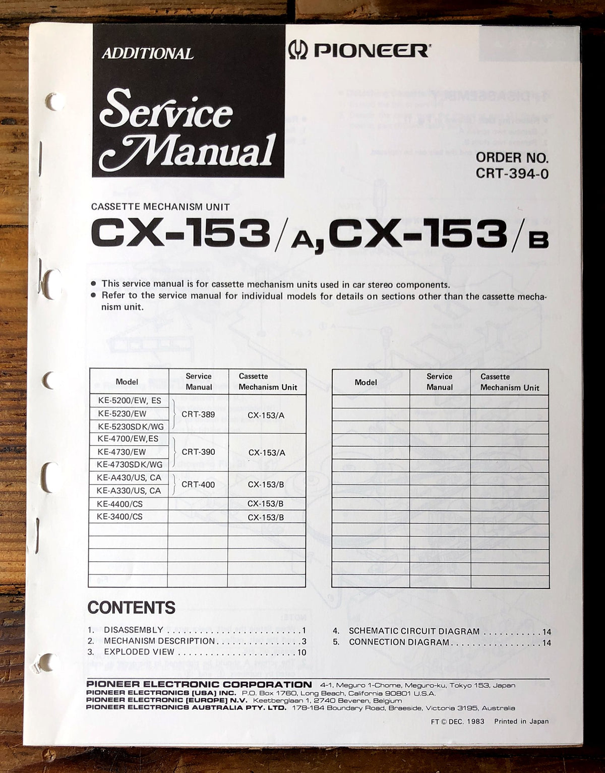 Pioneer CX-153 Cassette Mechanism Unit Supp. Service Manual *Original*