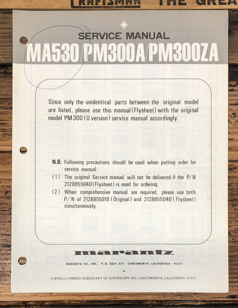 Marantz MA530 PM300A PM300ZA  Supp. / Add. Service Manual *Original*