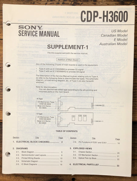 Sony CDP-H3600 CD Player Supp. Service Manual *Original* #1