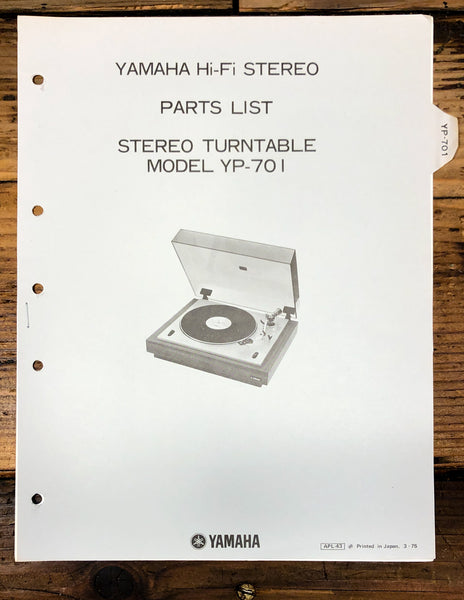 Yamaha YP-701 Turntable Parts List Revised Service Manual *Original*