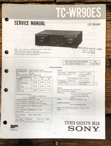 Sony TC-WR90ES Cassette Service Manual *Original*