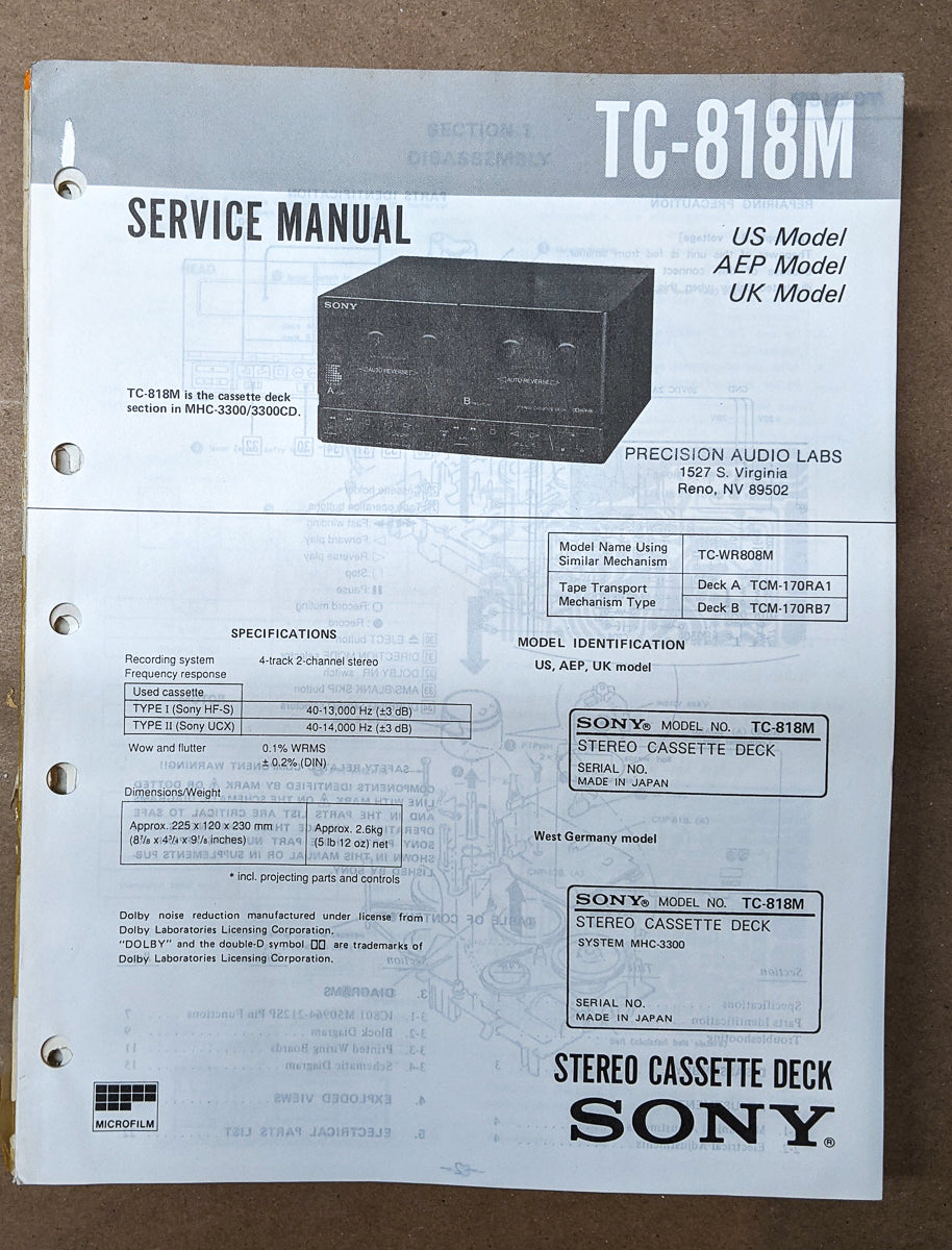 Sony TC-818M Cassette Service Manual *Original*