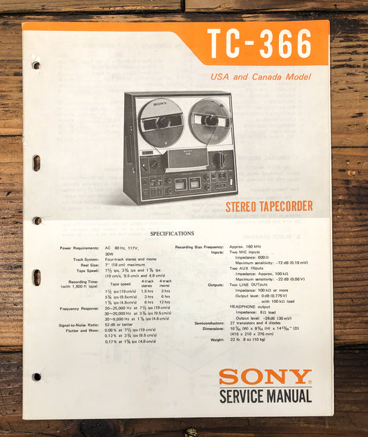 Sony TC-366 Reel to Reel Service Manual *Original*