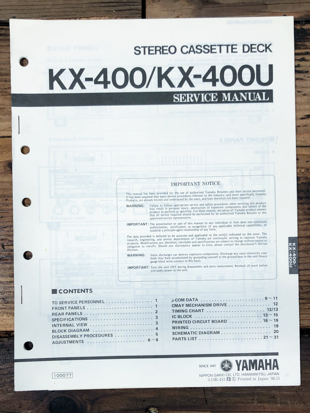 Yamaha KX-400 KX-400U Cassette  Service Manual *Original*