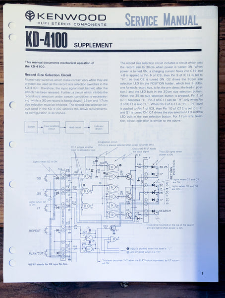 Kenwood KD-4100 Cassette Supp. Service Manual *Original*