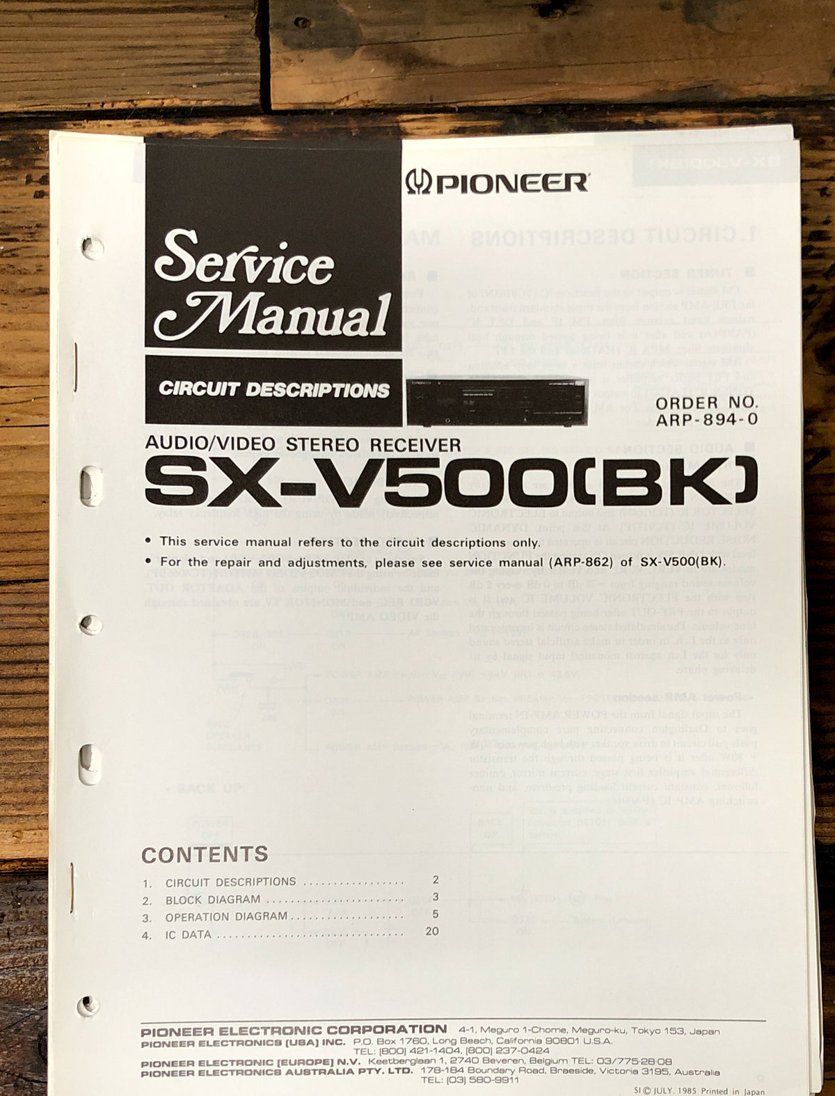 Pioneer SX-V500 Receiver  Service Manual *Original* #2