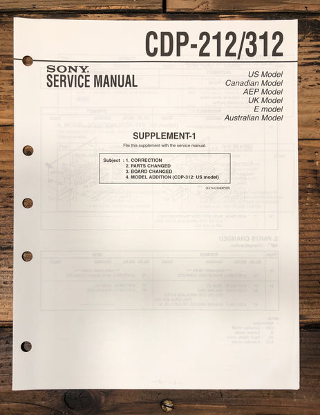 Sony CDP-212 CDP-312 CD Player Supp.Service Manual *Original*