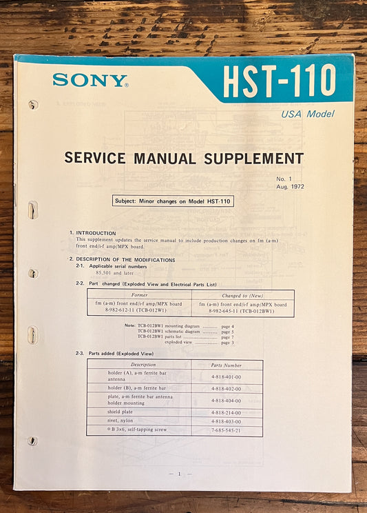 Sony HST-110 Stereo Supp. Service Manual *Original*