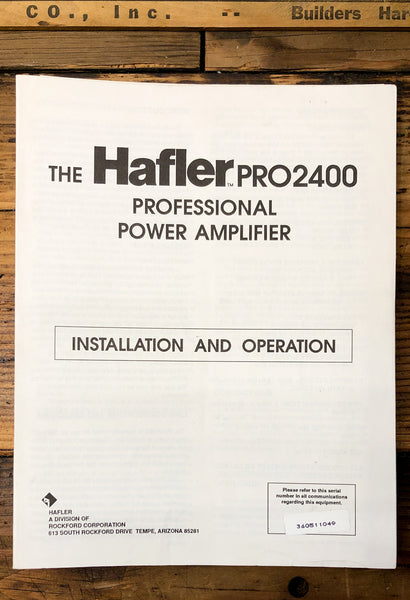 Hafler PRO2400 Amplifier  Owner / User Manual *Original*