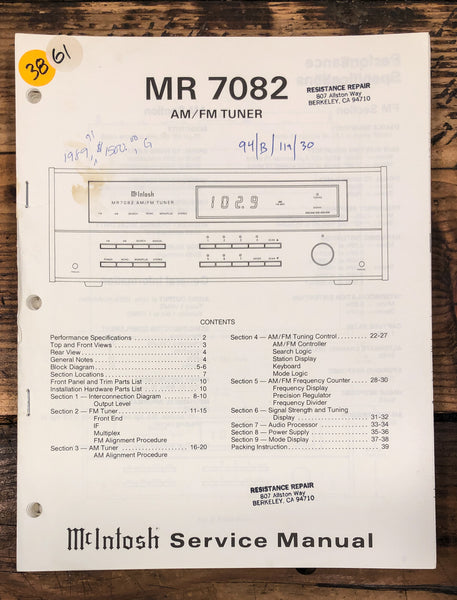 McIntosh MR 7082 Tuner  Service Manual *Original*