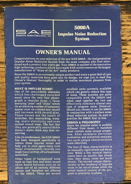 SAE Model 5000A Noise Reduction  Owner / User Manual *Original*