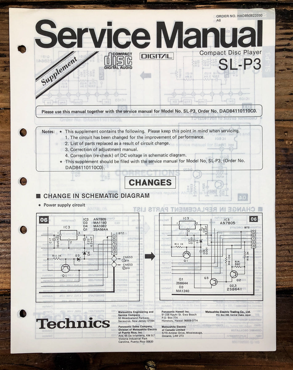 Technics SL-P3 CD Player Supp. Service Manual *Original*