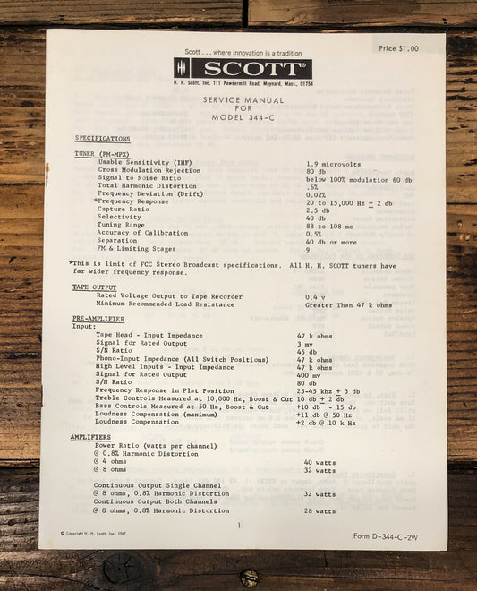 HH Scott Model 344C 344-C Receiver Service Manual *Original*
