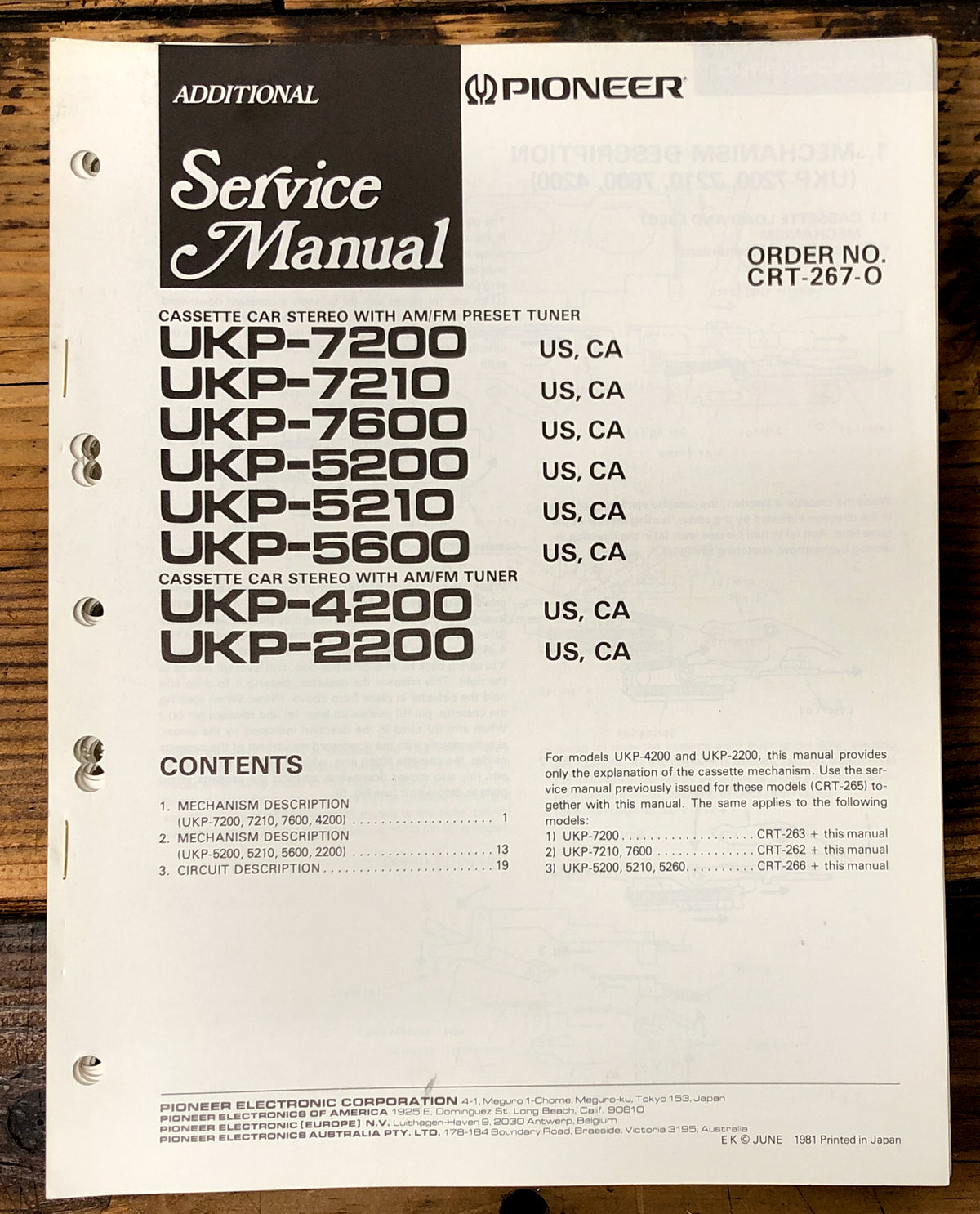 Pioneer UKP-7200 -7210 -7600 -5200 -5600 -4200  Add. Service Manual *Original*