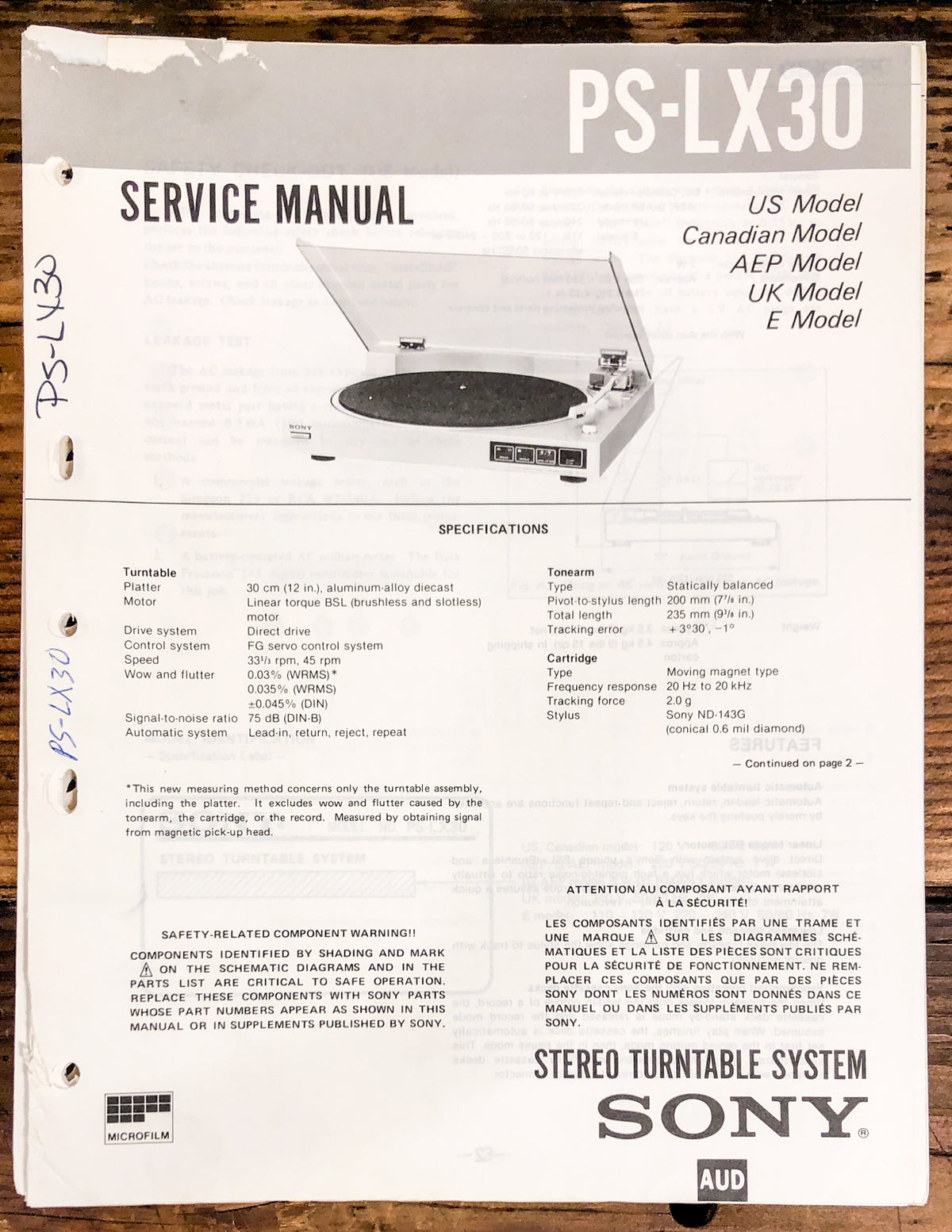 Sony PS-LX30 Record Player / Turntable  Service Manual *Original*