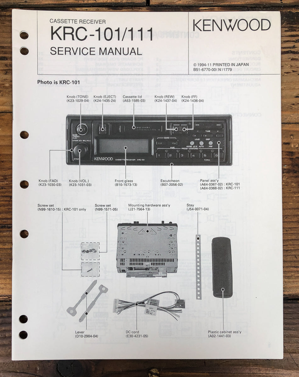 Kenwood KRC-101 KRC-111 Cassette Radio Service Manual *Original*